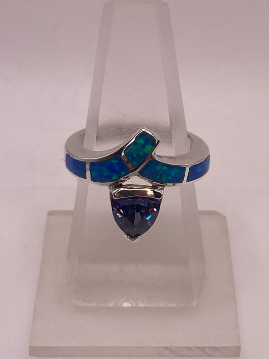 Anillo Moderno Ópalo Azul & Zirconia Tanzanita Trillion Plata 950 — ángulo diagonal
