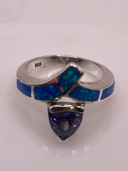 Anillo Moderno Ópalo Azul & Zirconia Tanzanita Trillion Plata 950, sello de autenticidad Plata Ley .925