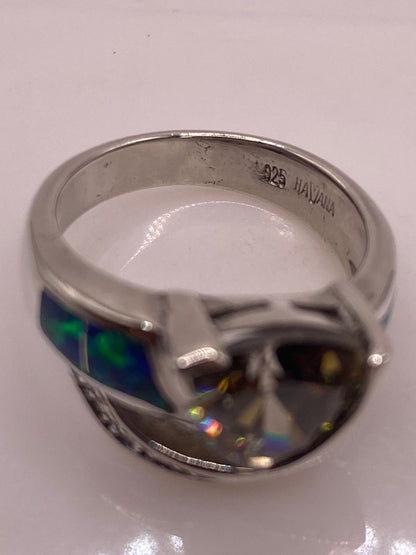 Anillo Moderno Ópalo Azul & Zirconia Trillion Cuarzo Ahumado Plata 925, sello de autenticidad Plata Ley .925
