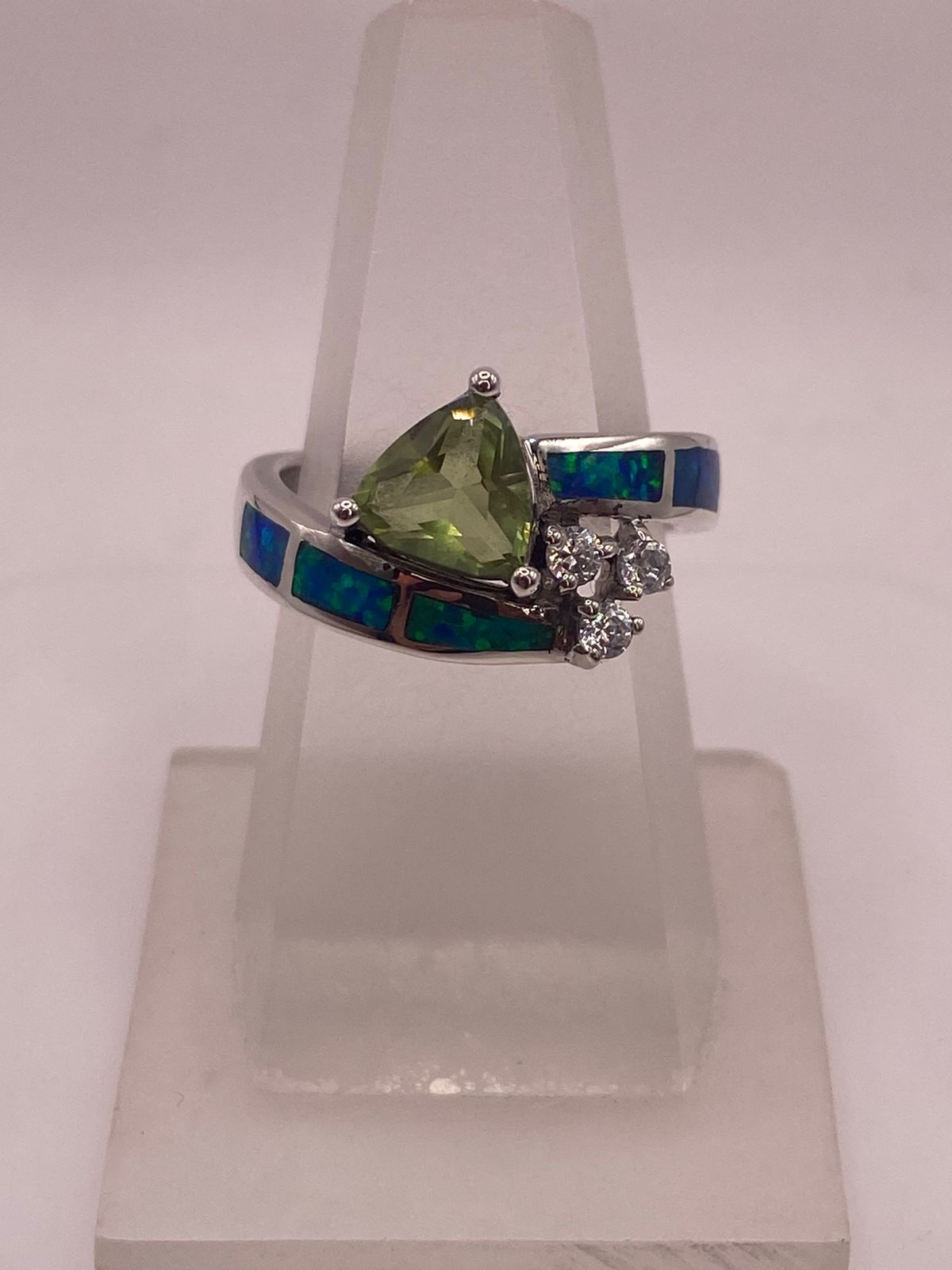 Anillo Ópalo Azul & Zirconia Peridoto, Diamantes Plata 925 — ángulo diagonal