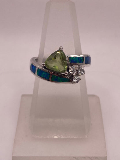 Anillo Ópalo Azul & Zirconia Peridoto, Diamantes Plata 925 — ángulo diagonal