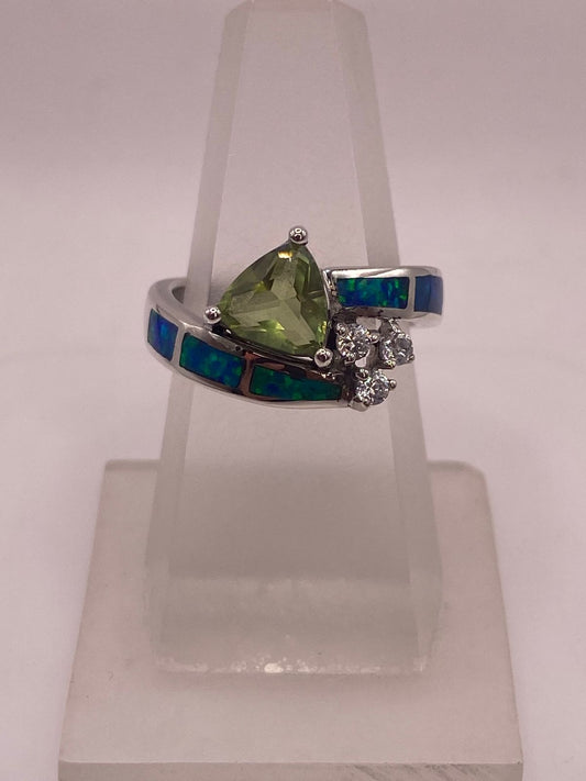 Anillo Ópalo Azul & Zirconia Peridoto, Diamantes Plata 925 — ángulo diagonal