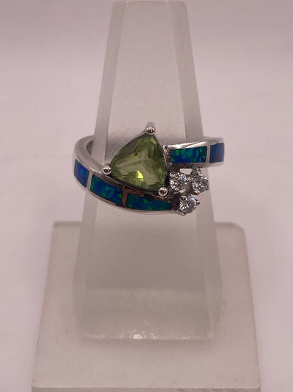 Anillo Ópalo Azul & Zirconia Peridoto, Diamantes Plata 925, vista lateral
