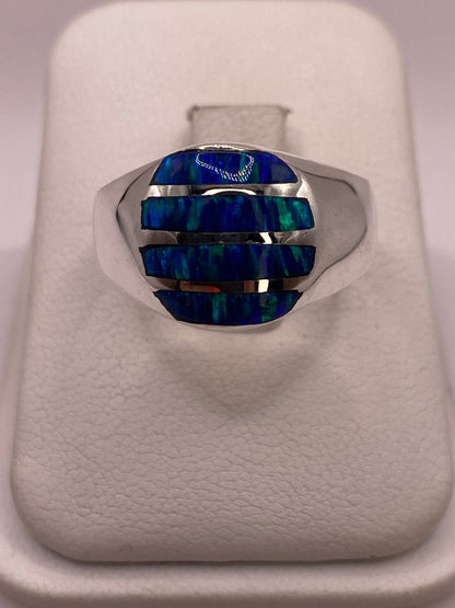 Anillo de Ópalo de Fuego Azul Iridiscente en Plata Ley 950, sello de autenticidad Plata Ley .925