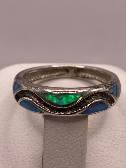 Anillo Ópalo de Fuego Azul & Verde Diseño Ondas Plata Ley 950, vista de detalle