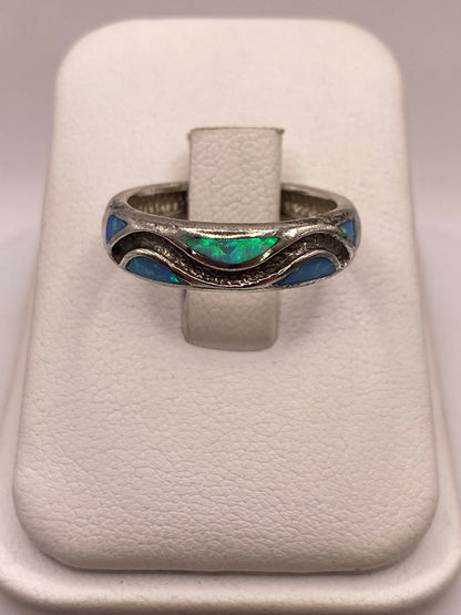 Anillo Ópalo de Fuego Azul & Verde Diseño Ondas Plata Ley 950, vista lateral