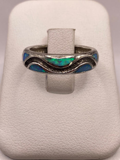Anillo Ópalo de Fuego Azul & Verde Diseño Ondas Plata Ley 950 — ángulo diagonal