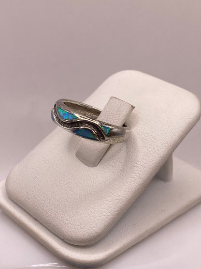 Anillo Ópalo de Fuego Azul & Verde Diseño Ondas Plata Ley 950, vista frontal