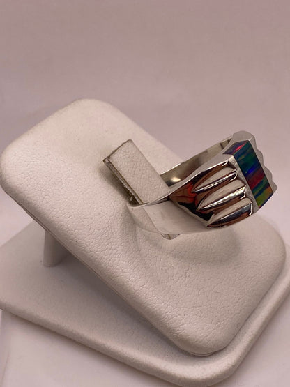 Anillo de Ópalo de Fuego Multicolor Iridiscente en Plata Ley .925, vista frontal