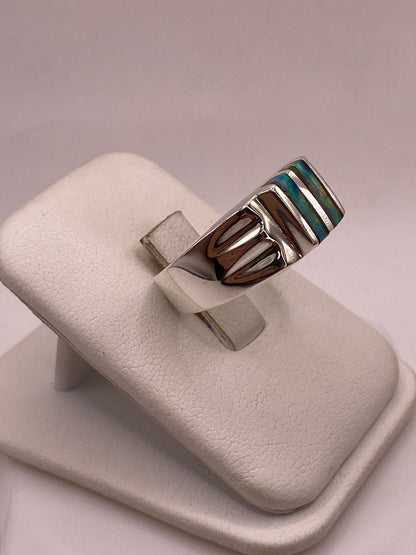 Anillo de Ópalo de Fuego Turquesa Iridiscente en Plata Ley .925, vista lateral
