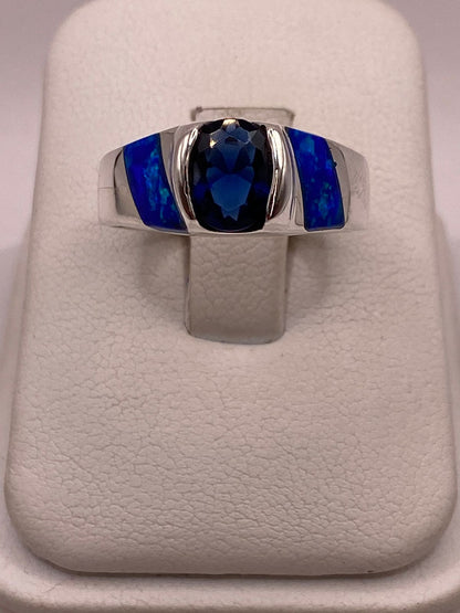 Anillo con Ópalo de Fuego y Zirconia Azul en Plata Ley .950, vista frontal