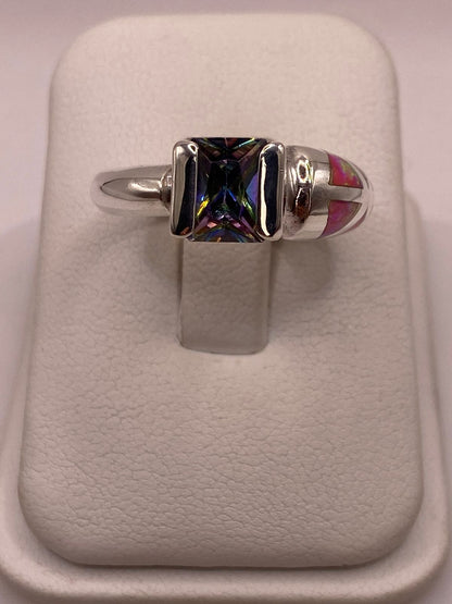 Anillo con Ópalo de Fuego y Zirconia Multicolor en Plata Ley .950, vista superior