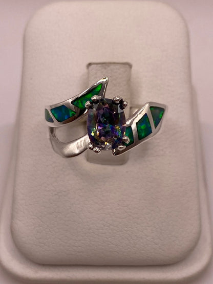 Anillo con Ópalo de Fuego y Zirconia Tornasol en Plata Ley .950, vista superior