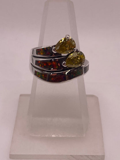 Anillo Ópalo Rojo Fuego & Doble Zirconia Citrino Plata 925 — vista lateral