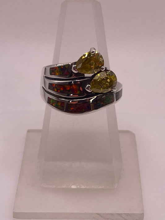 Anillo Ópalo Rojo Fuego & Doble Zirconia Citrino Plata 925 — vista lateral