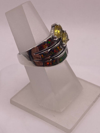 Anillo Ópalo Rojo Fuego & Doble Zirconia Citrino Plata 925, vista frontal