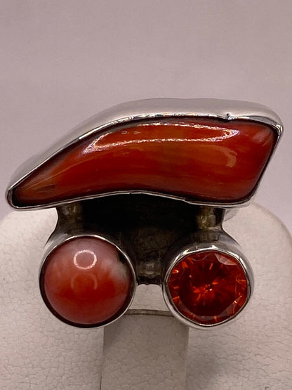 Anillo de Plata Ley 925 con Coralina, Ágata Roja y Zirconia, sello de autenticidad Plata Ley .925