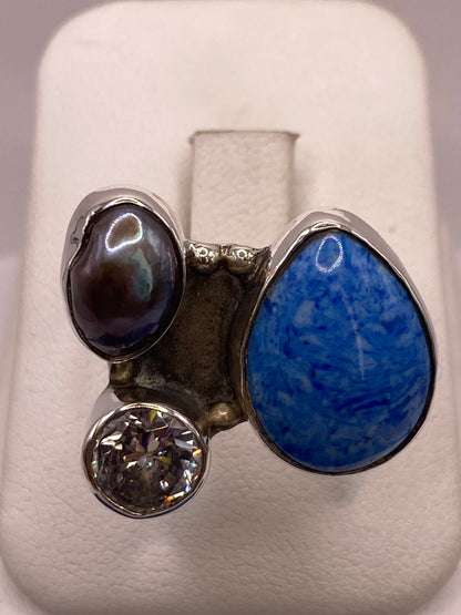 Anillo de Plata Ley 925 con Jaspe Azul, Nácar y Zirconia, vista superior