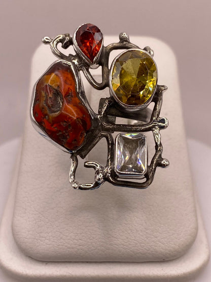 Anillo de Plata Ley 925 con Jaspe Multicolor y Zirconia, vista superior