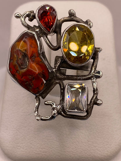 Anillo de Plata Ley 925 con Jaspe Multicolor y Zirconia, vista de detalle
