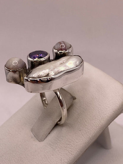 Anillo de Plata Ley 925 con Nácar, Ágata y Zirconia, sello de autenticidad Plata Ley .925