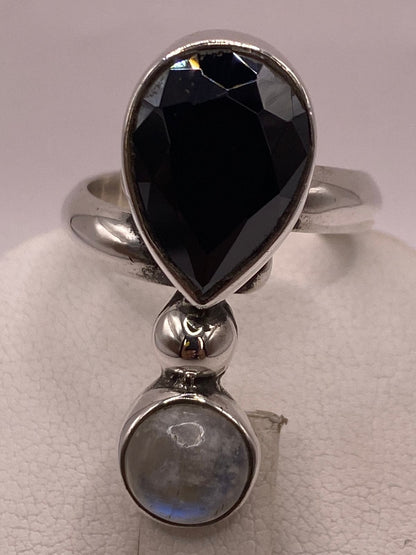 Anillo de Plata Ley 925 con Obsidiana y Piedra Luna, sello de autenticidad Plata Ley .925