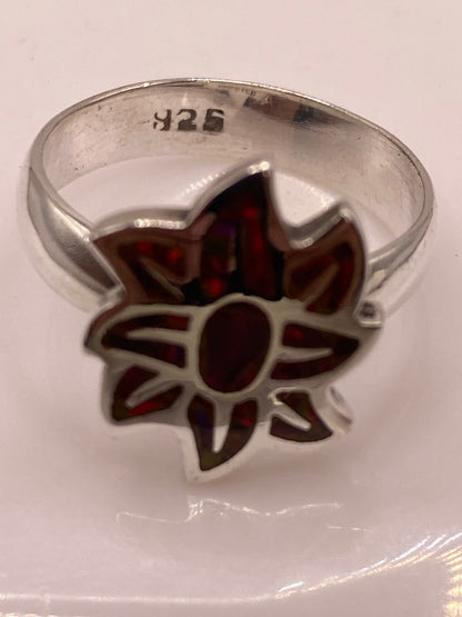 Anillo de Plata Ley .925 con Ópalo de Fuego en Diseño de Flor, sello de autenticidad Plata Ley .925
