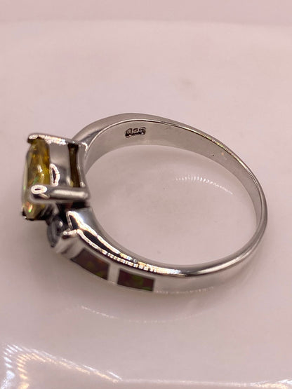 Anillo de Plata Ley 925 con Ópalo de Fuego, Zirconias y Piedra Amarilla, sello de autenticidad Plata Ley .925