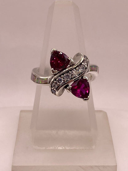 Anillo de Plata Ley 925 con Ópalo de Fuego, Zirconias y Piedras Fucsia, vista superior