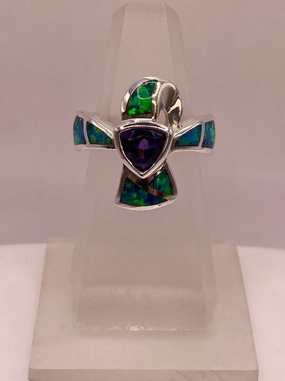 Anillo de Plata Ley 925 con Ópalo y Zirconia Morada Diseño Tipo Cruz Moderna, vista lateral