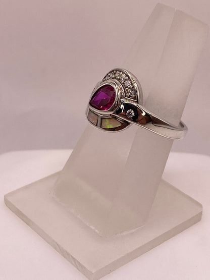 Anillo de Plata Ley 925 con Ópalo de Fuego, Zirconia Fucsia y Detalles de Zirconia, vista frontal