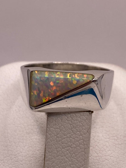 Anillo de Plata Ley 950 con Ópalo de Fuego Geométrico, sello de autenticidad Plata Ley .925