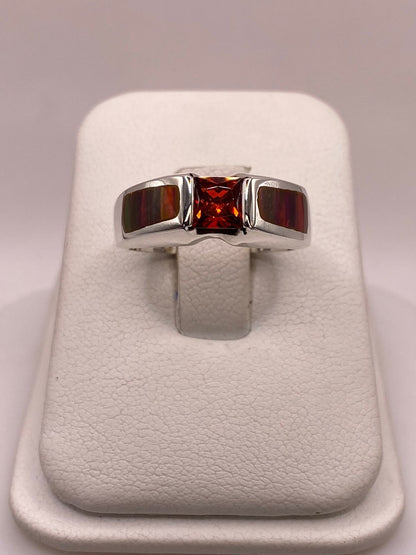 Anillo de Plata Ley 950 con Ópalo de Fuego Multicolor y Zirconia Naranja, vista frontal