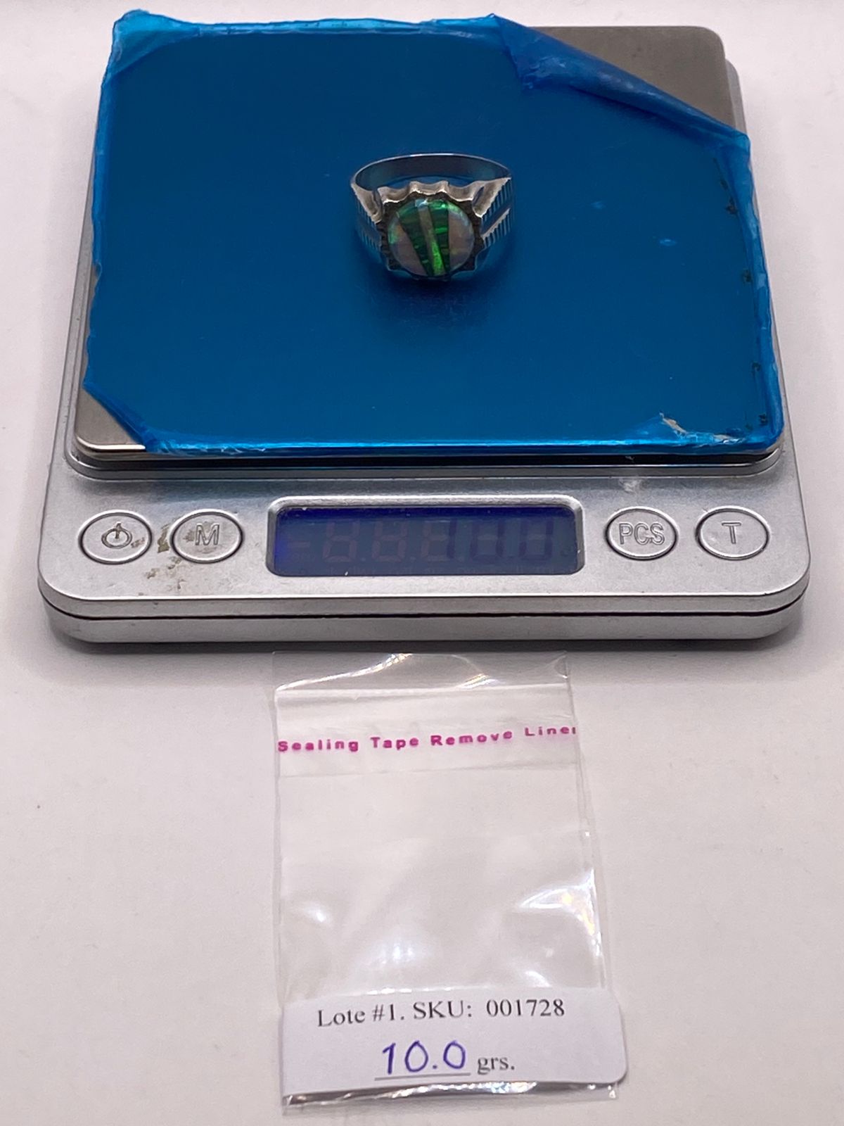 Anillo de Plata Ley 950 con Ópalo de Fuego Verde, peso en gramos (báscula)