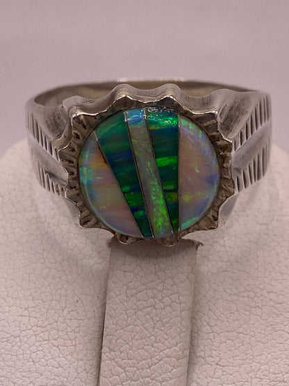 Anillo de Plata Ley 950 con Ópalo de Fuego Verde, sello de autenticidad Plata Ley .925