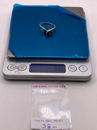 Anillo de Plata Ley 950 con Ópalo de Fuego Verde Iridiscente y Zirconia Multicolor, peso en gramos (báscula)