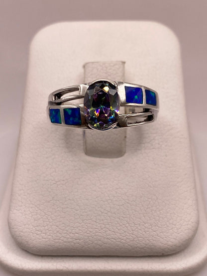 Anillo de Plata Ley 950 con Ópalo de Fuego y Zirconia Tornasol, vista frontal
