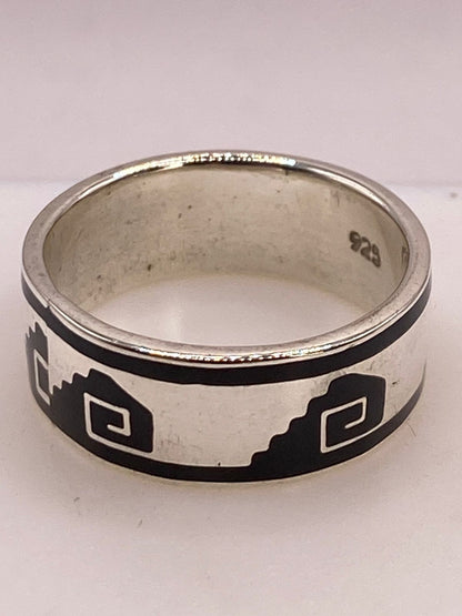 Anillo de Plata .925 con Obsidiana y Greca Prehispánica, sello de autenticidad Plata Ley .925