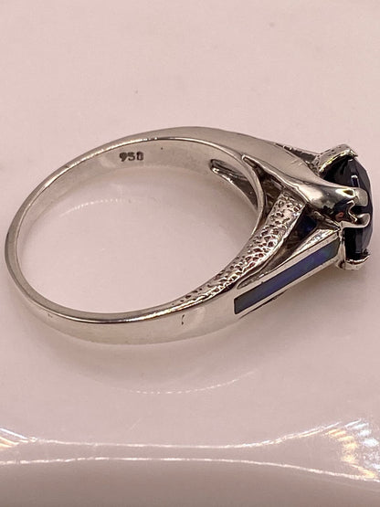 Anillo de Plata .950 con Zirconia Azul y Ópalo de Fuego Diseño Solitario, sello de autenticidad Plata Ley .925