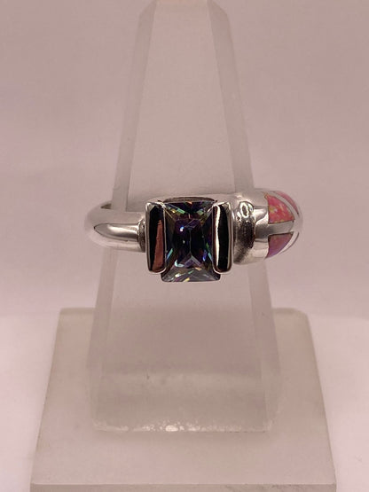 Anillo de Plata .950 con Zirconia Multicolor y Ópalo de Fuego Rosa Diseño Abierto Moderno, vista lateral