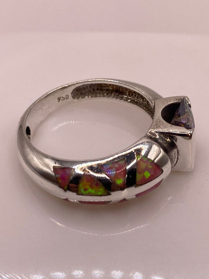 Anillo de Plata .950 con Zirconia Multicolor y Ópalo de Fuego Rosa Diseño Abierto Moderno, sello de autenticidad Plata Ley .925