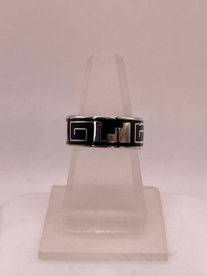 Anillo de Plata .925 con Obsidiana y Greca Prehispánica, vista lateral