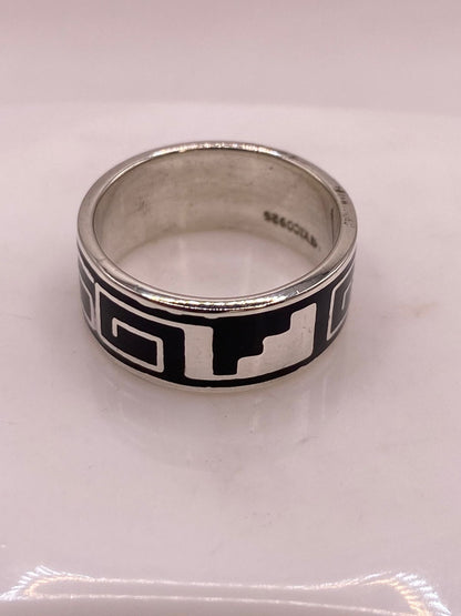 Anillo de Plata .925 con Obsidiana y Greca Prehispánica, sello de autenticidad Plata Ley .925