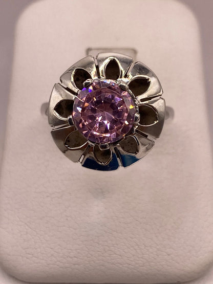 Anillo de Plata 925 con Zirconia Rosa Facetada, Diseño Floral Hecho, vista superior