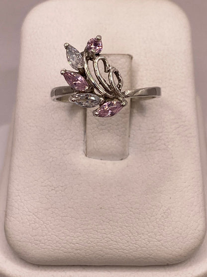 Anillo de Plata 925 con Zirconias Rosas y Blancas, Diseño Floral Abstracto, vista superior