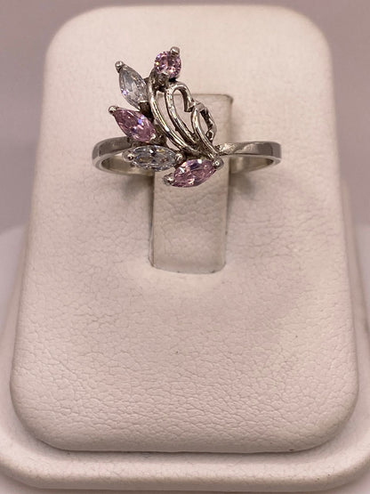Anillo de Plata 925 con Zirconias Rosas y Blancas, Diseño Floral Abstracto, sello de autenticidad Plata Ley .925