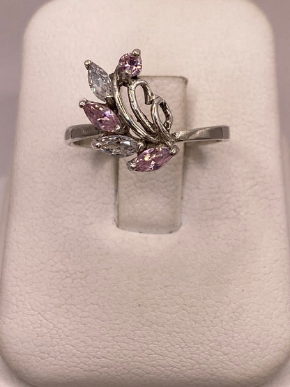 Anillo de Plata 925 con Zirconias Rosas y Blancas, Diseño Floral Abstracto, vista frontal