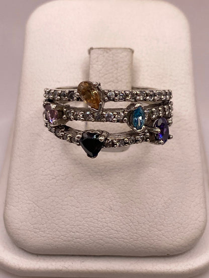 Anillo de Plata 925 con Zirconias Multicolor, Diseño Triple Banda, vista frontal