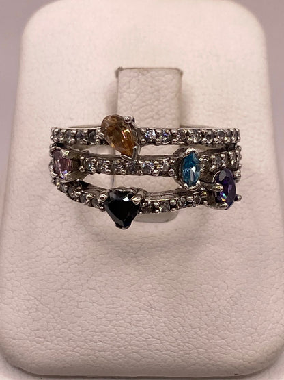 Anillo de Plata 925 con Zirconias Multicolor, Diseño Triple Banda, vista de detalle