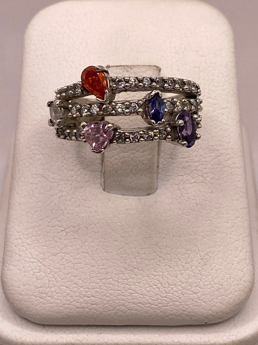 Anillo de Plata 925 con Zirconias Multicolor Diseño Triple Banda Elegante — ángulo diagonal